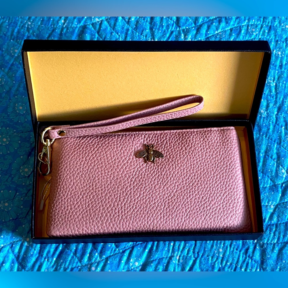 SALE 3/$30 NIB IMEETU wallet/wristlet,salmon pebbled leather,bronze bumblebee